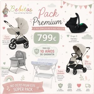 PACK PREMIUM Carrito con capazo, silla de paseo y grupo 0, Minicuna y Bañera cambiador.