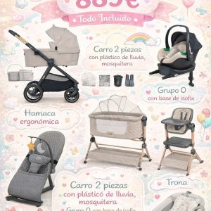 PACK COMPLETO Carrito con capazo, silla de paseo y grupo 0 con base isofix, Minicuna, trona, bañera con cojín y capa de baño.