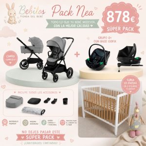 PACK NEA Carrito con capazo, silla de paseo y grupo 0 con base isofix y Cuna de madera